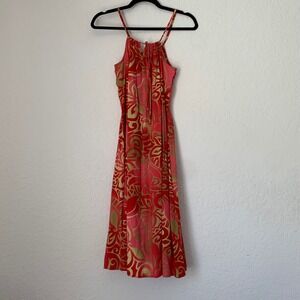 Hilo Hattie Tribal Midi Dress Women S Red Gold Floral Tropical Aloha Hawaii USA